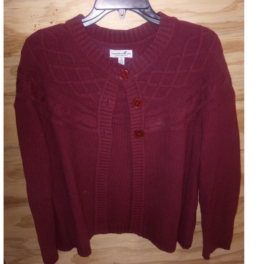 Women's Caribbean Joe Cardigan Thick Burgundy Medium Cable Knit Button‎